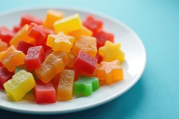 Close-up of a plate of colorful, edible teenage-shaped gummies , teenage candies, candy