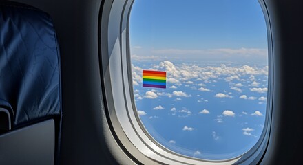 Naklejka premium View from an airplane window showing a rainbow pride flag sticker against a backdrop of blue sky and white clouds during a flight.