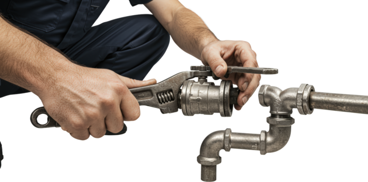 Plumber Repairing Industrial Pipe Valve with Wrench Close Up