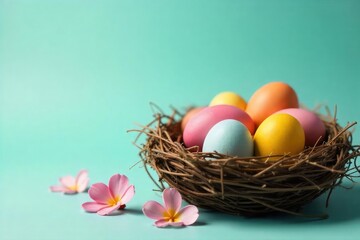 Fototapeta premium Colorful Easter eggs in a nest, springtime celebration , design, cute