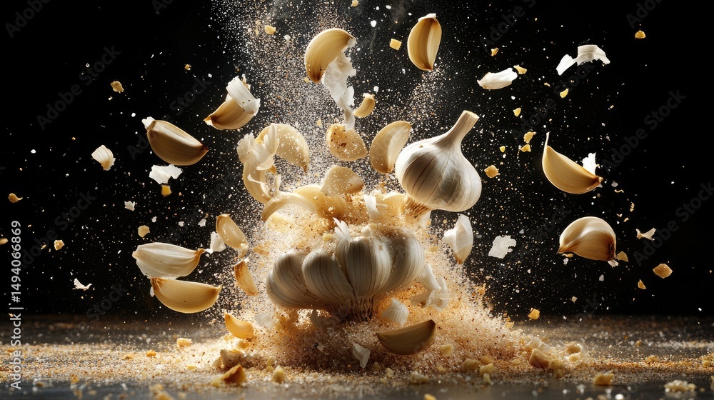 Poster garlic cloves explode from their bulb in a suspended burst, forming a dynamic scene of culinary crea