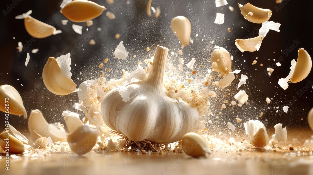 Poster garlic cloves explode from their bulb in a suspended burst, forming a dynamic scene of culinary crea