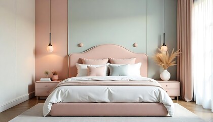 Soft pastel colors create a calming atmosphere in a modern bedroom design with unique headboard, created with generative ai