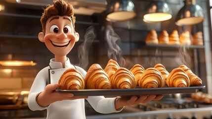 Smiling character presents a tray of freshly baked pastries.