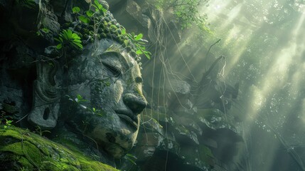 Ancient Buddha statue in misty forest, moss covered, sunbeams filter through, weathered stone texture evokes spiritual serenity.