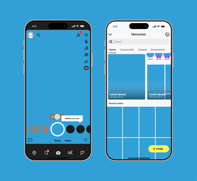Snapchat mobile camera UI mockup template with AR lens filters and story preview designed for real-time photo and video sharing using an interactive and modern interface. Vector illustration design.	
