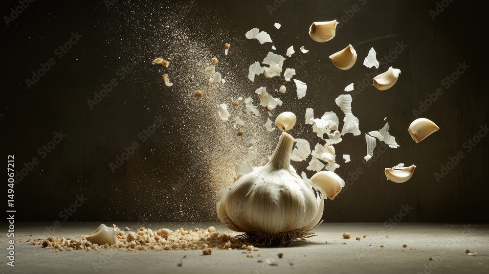 Poster garlic cloves explode from their bulb in a suspended burst, forming a dynamic scene of culinary crea