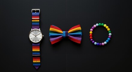 A collection of rainbow-themed accessories, including a wristwatch, bow tie, and beaded bracelet, symbolizing LGBTQ+ pride, displayed on a sleek black background.