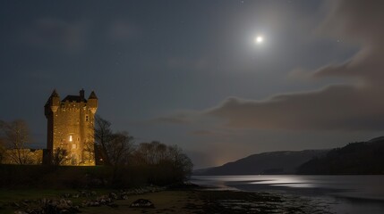 Fototapeta premium Enchanted Reverie: A Nocturnal Tapestry Woven Around the Castle Under Moonlight