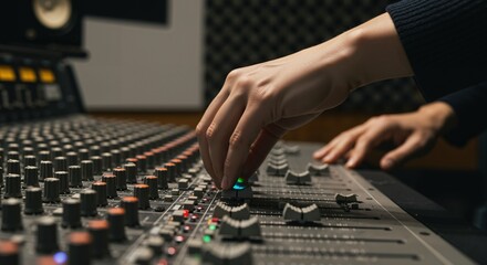 Close-up of a sound engineer's hands adjusting faders and knobs on a professional audio mixing console in a recording studio during a session.