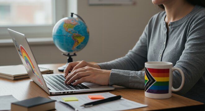 Woman in a grey cardigan types on a laptop at a wooden desk, with a Progress Pride flag mug and a globe nearby in a home office.