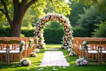Romantic garden wedding ceremony setup with floral arrangements, chairs, and aisle Perfect for wedding planning inspiration , beautiful, marriage, garden party