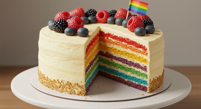 Delicious rainbow layer cake with white frosting, topped with fresh mixed berries and a small pride flag, displayed on a white cake stand with a slice removed.