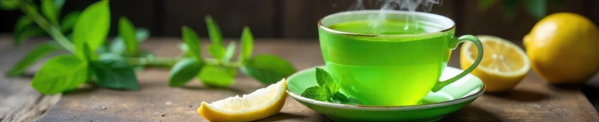 Steaming cup of vibrant green herbal tea, fresh mint leaves and lemon slices garnish a rustic wooden table Perfect for wellness, relaxation, and healthy lifestyle imagery , soothing, fragrant