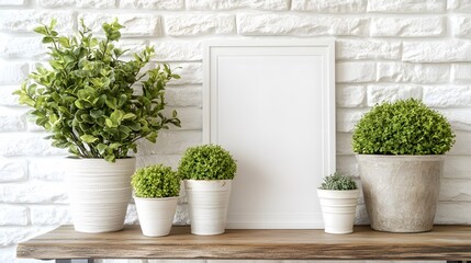 Fototapeta premium White Frame Mockup with Green Plants on Wooden Shelf