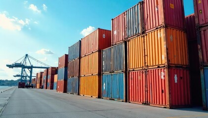 Stack of colorful shipping containers at a port, ready for transport , colorful containers, transportation management