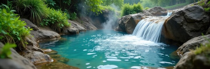 Steaming geothermal water flows into a tranquil pool, surrounded by lush green vegetation and smooth rocks Perfect for relaxation and wellness themes , picturesque, rocks