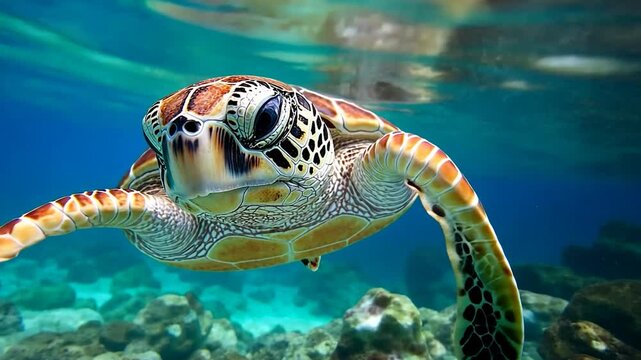 A close underwater shot of a sea turtle swims towards the viewer. The turtle displays colorful patterns on its shell. The background includes rocks and the surface of the water.