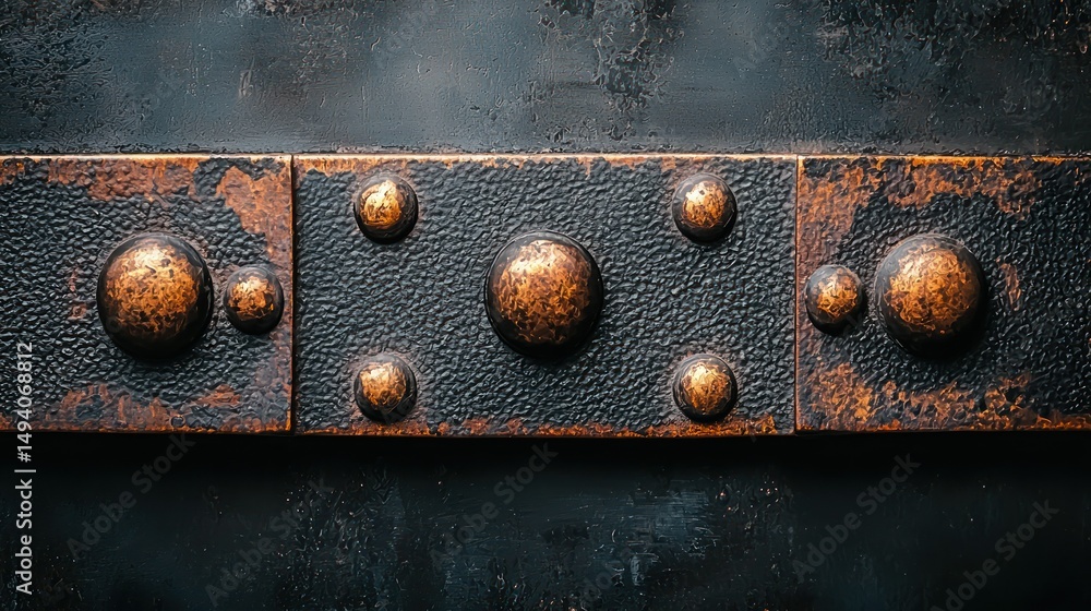 Poster textured metal panel with rivets; rust and aging