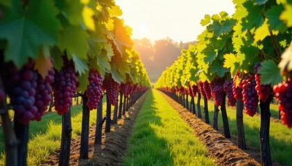 Sunlight streams through vineyard rows as ripe grapes hang heavy on the vines, ready for harvest A picturesque autumn scene of abundance and nature's bounty , golden hour, countryside, agriculture