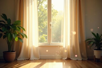 Sunlight streams through sheer curtains, illuminating dust motes dancing in a bright, airy room A feeling of peace and gentle energy pervades the scene, suggesting calm and serenity , zen, light