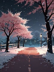 Anime snowy road with cherry trees, traditional 2D animation