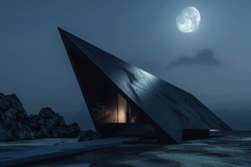 Moonlit angular black steel structure intersects minimal landscape, obsidian residence with architectural visualization blur.
