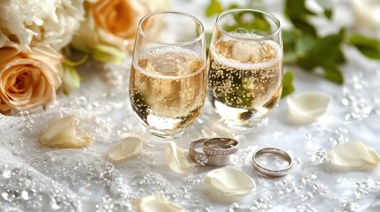 Champagne glasses filled to toast love and marriage, wedding rings resting beside, surrounded by romantic decor and bridal beauty
