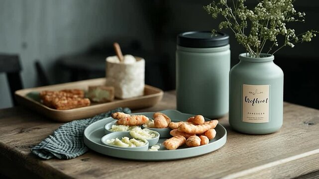 An artistic food arrangement on a wooden table featuring a grey-green plate with snacks, a container, a vase with flowers, and other food items creating a relaxing atmosphere.