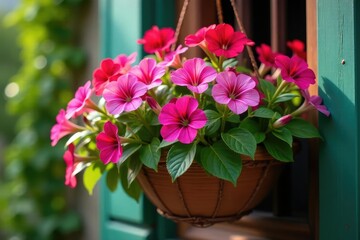 Vibrant petunias overflowing from a rustic hanging basket , landscaping, plant, hanging planter