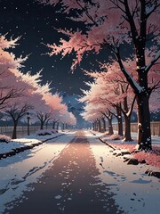 Anime snowy road with cherry trees, traditional 2D animation