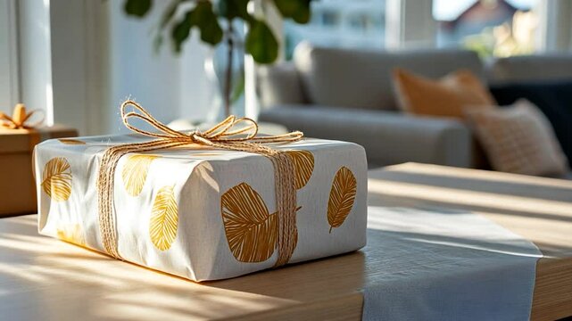 Close-up shot of a wrapped gift with golden leaf patterns tied with a natural twine bow on a wooden table. Sunlight streams in from the window with a blurred living room background.