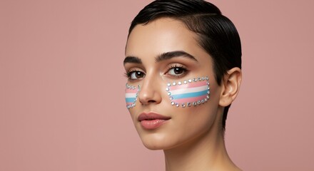 Portrait of a young adult with short dark hair and transgender pride flag makeup with rhinestones on their cheeks, looking confidently at the camera against a pink background.
