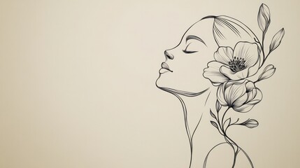 Elegant minimalist line art portrait of a woman with closed eyes and flowing hair adorned with a detailed flower, representing beauty, serenity, and nature harmony
