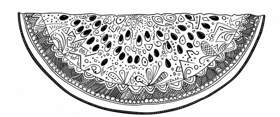 Zentangle watermelon slice intricate seed pattern decorative rind clean line art detailed flesh texture.