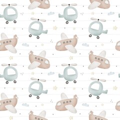 Seamless pattern with cartoon helicopter, plane, decor elements. flat style for kids. hand drawing. baby design for fabric, print, wrapper, textile © Ann1988