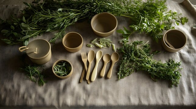 Earthy Rustic Table Setting with Fresh Herbs and Wooden Cutlery