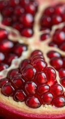 Vibrant close-up of a pomegranate half, showcasing its juicy, ruby-red arils nestled within the fruit's natural compartments.