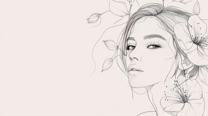 Elegant woman with winking expression surrounded by detailed floral illustrations, artistic sketch style emphasizing beauty and nature theme for creative design