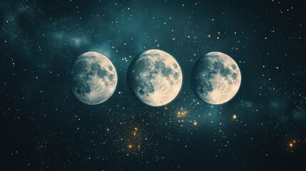 Obraz premium Triple moon phases in a night sky filled with stars and cosmic dust, depicting lunar cycle progression with detailed craters and variations in illumination