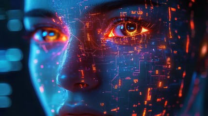 Close-up of a human face with glowing orange eyes and digital circuit patterns illuminated in orange and blue on the skin, evoking a futuristic and technological atmosphere