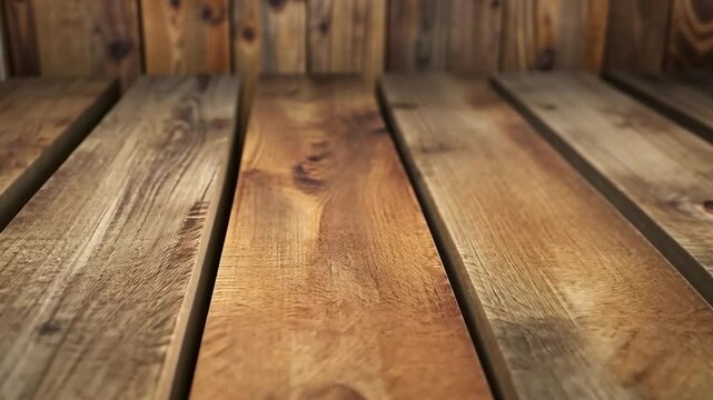 Close up of wooden planks arranged horizontally with a shallow depth of field and varying tones and textures