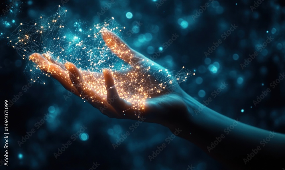Poster human hand with glowing interconnected golden nodes and lines forming a network pattern against a da