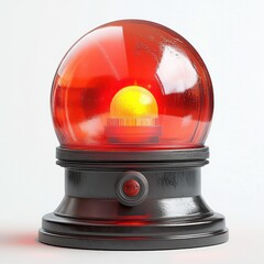 Red emergency warning light with a transparent red dome and yellow bulb inside on a black base