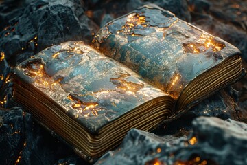 Ancient Open Book with Gold Pages and Mystical Glow on Dark Stone