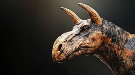 Detailed close-up of a realistic brown and black rhinoceros model with prominent horns and textured skin highlighting its massive head and facial features