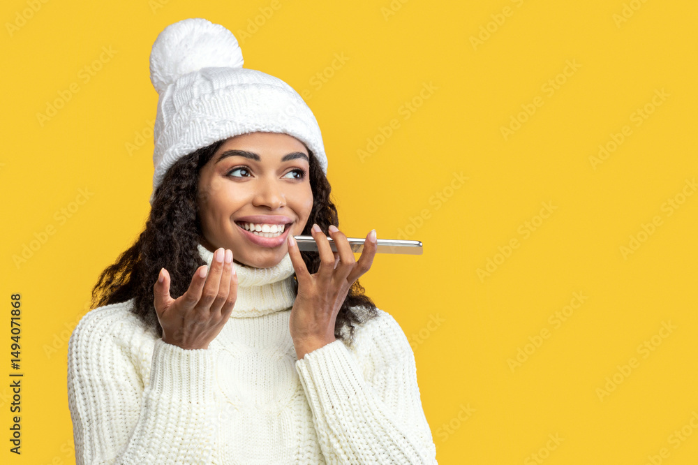 Poster phone call, mobile communication and voice assistant concept. smiling black woman talking on smartph