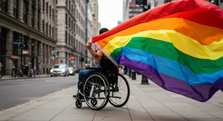 Adult in a manual wheelchair seen from behind, holding a large, billowing rainbow pride flag on a city sidewalk during the day.
