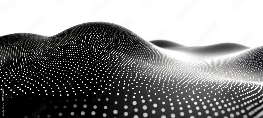 Poster abstract black and white digital wave landscape composed of flowing grid of glowing dots forming smo
