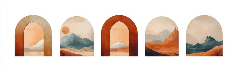 Set of five abstract landscape illustrations featuring arches, mountains, hills, desert scenes, and soft warm color tones evoking calm and tranquility